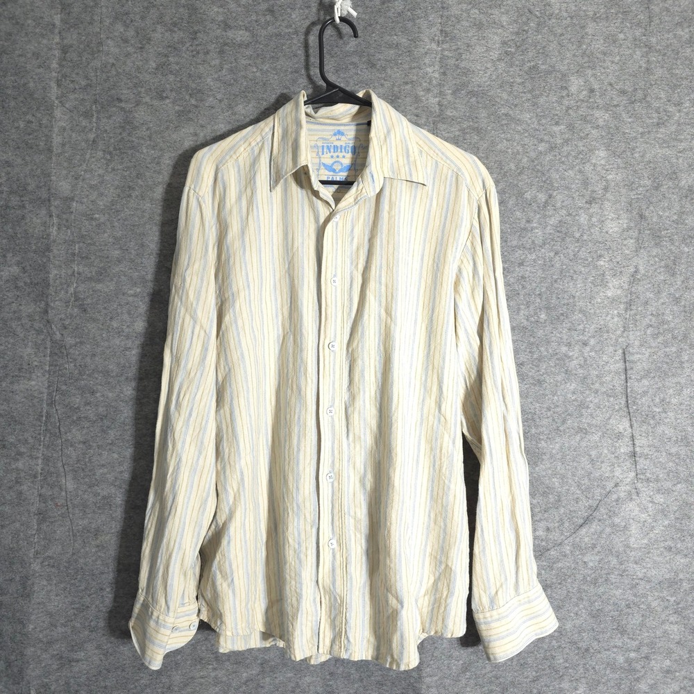 Indigo Palms Linen Shirt Mens Large Blue Striped Button Down Long Sleeve Beach